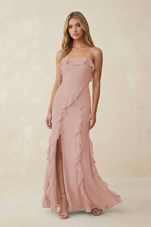 English Rose Ruffled Cami Strap Chiffon Sheath Bridesmaid Dress | KISSBRIDAL