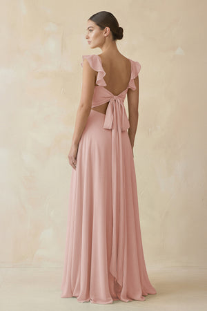 English Rose Ruffled Chiffon A-Line Long Bridesmaid Dress (2) | KISSBRIDAL