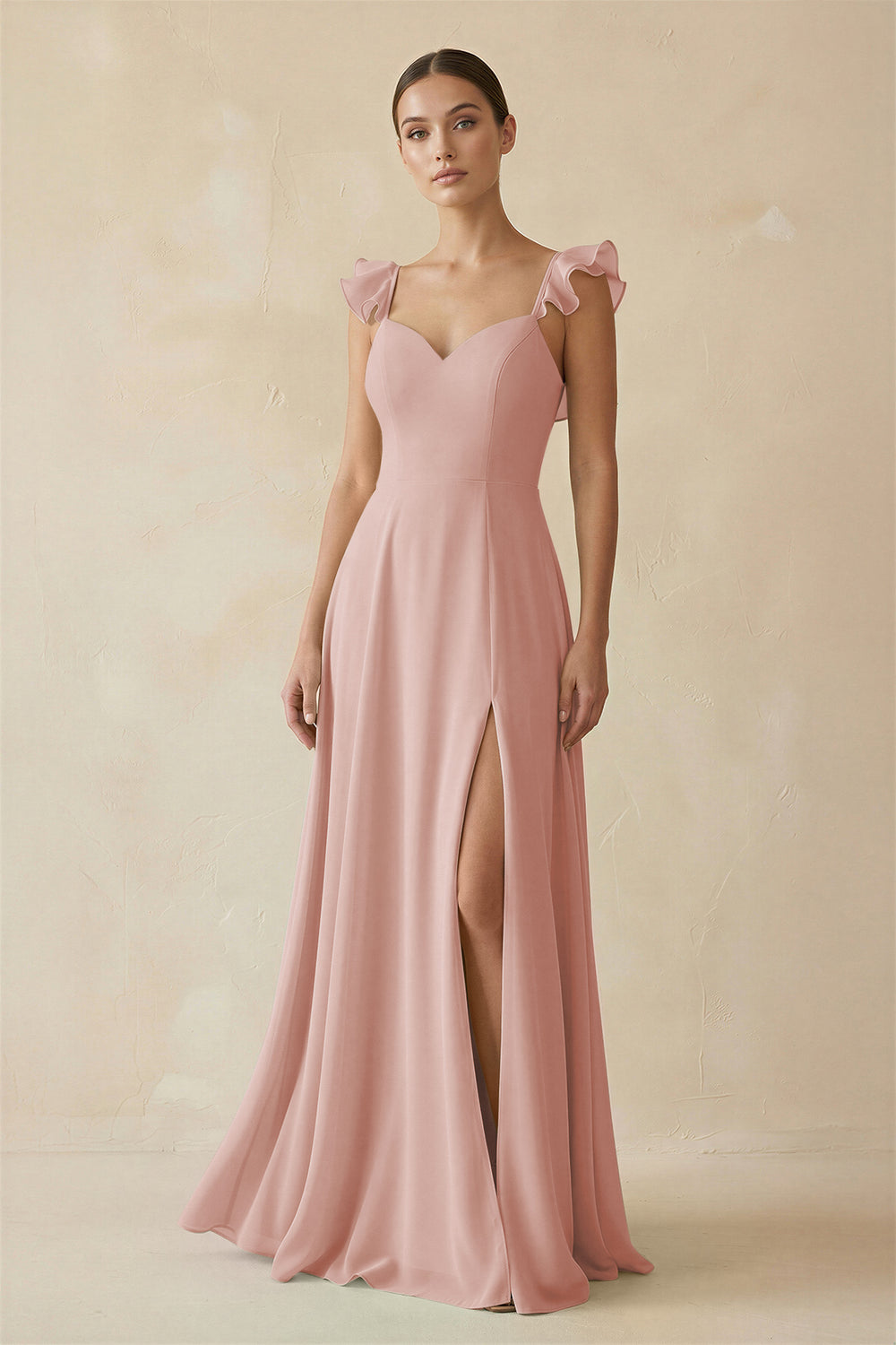 Ruffled Chiffon A-Line Long Bridesmaid Dress in English Rose