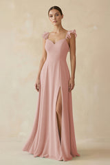 English Rose Ruffled Chiffon A-Line Long Bridesmaid Dress | KISSBRIDAL