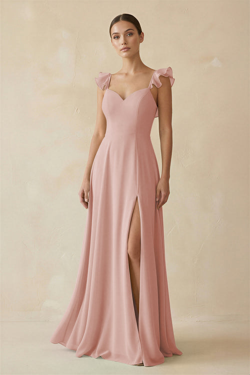 English Rose Ruffled Chiffon A-Line Long Bridesmaid Dress | KISSBRIDAL