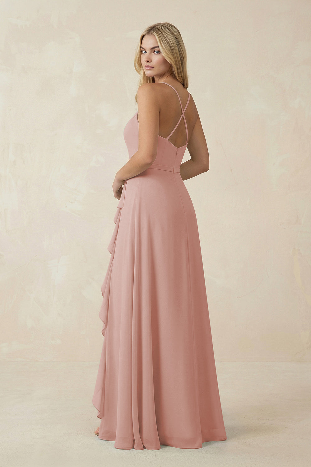 Ruffled Hem A-Line Chiffon Bridesmaid Dress in English Rose
