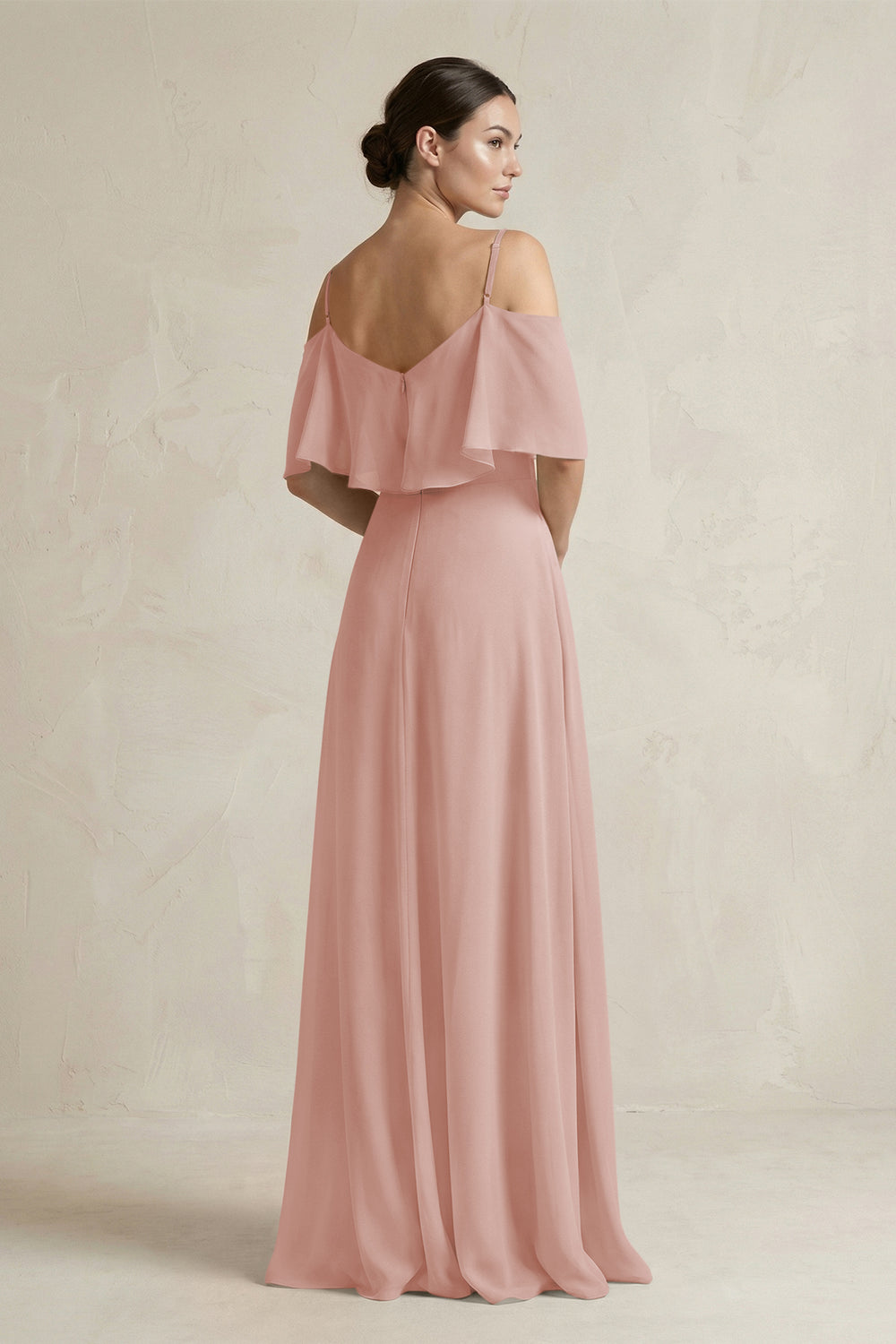 Ruffled Off-the-Shoulder A-Line Chiffon Bridesmaid Gown in English Rose