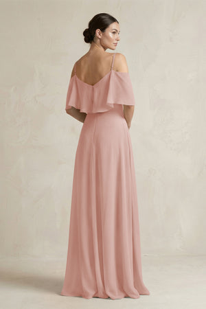 English Rose Ruffled Off-the-Shoulder A-Line Chiffon Bridesmaid Gown (2) | KISSBRIDAL