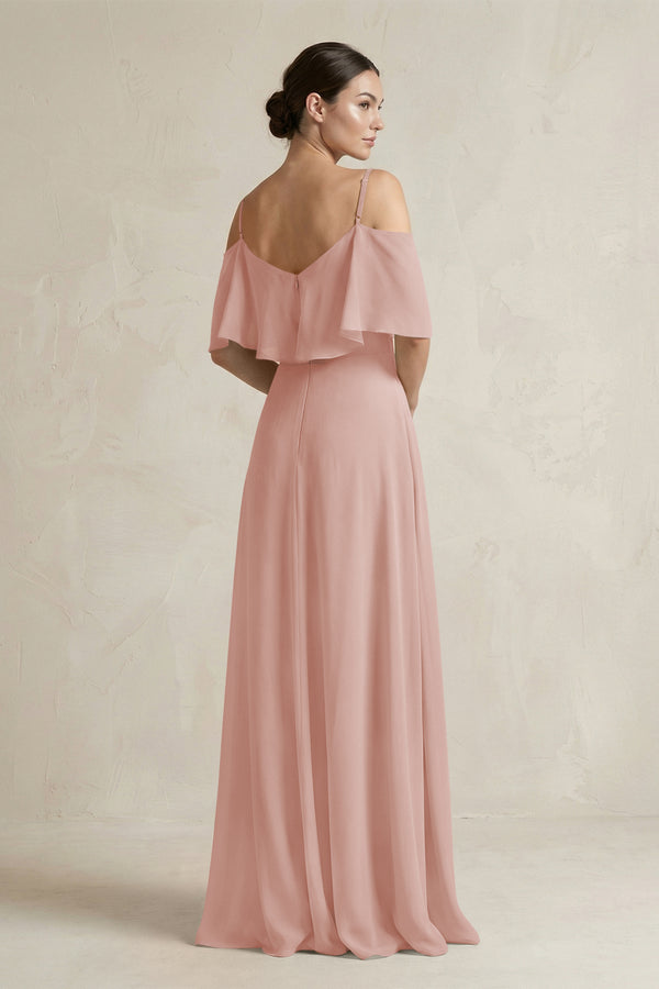English Rose Ruffled Off-the-Shoulder A-Line Chiffon Bridesmaid Gown (2) | KISSBRIDAL