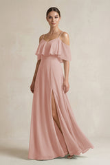 English Rose Ruffled Off-the-Shoulder A-Line Chiffon Bridesmaid Gown | KISSBRIDAL