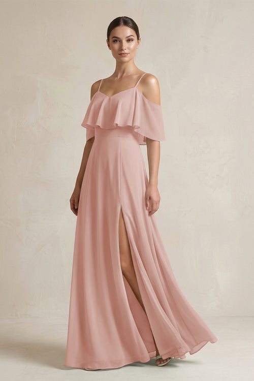 English Rose Ruffled Off-the-Shoulder A-Line Chiffon Bridesmaid Gown | KISSBRIDAL