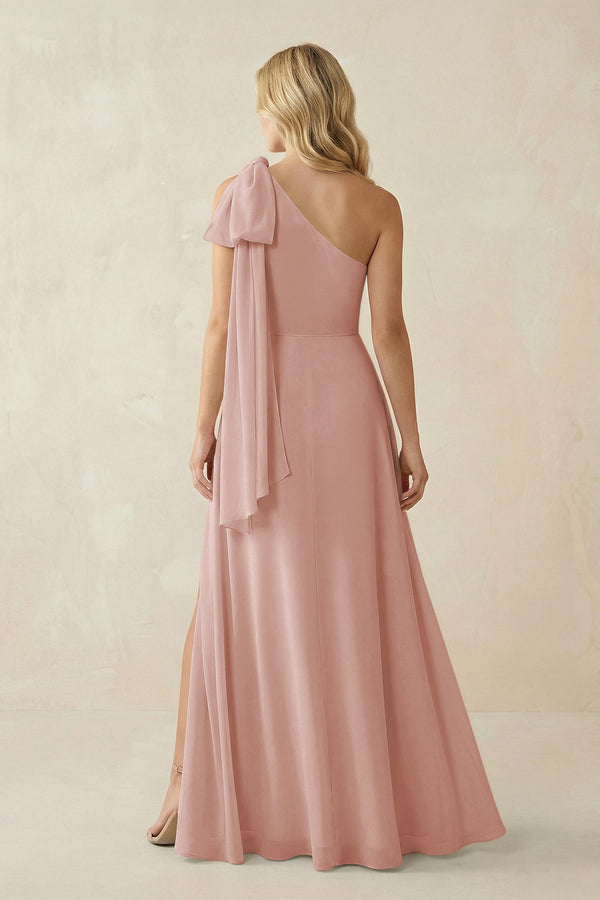 English Rose Ruffled One Shoulder Chiffon Bridesmaid Dress With Slit in English Rose (2) | KISSBRIDAL