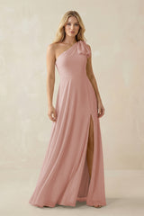 English Rose Ruffled One Shoulder Chiffon Bridesmaid Dress With Slit in English Rose | KISSBRIDAL