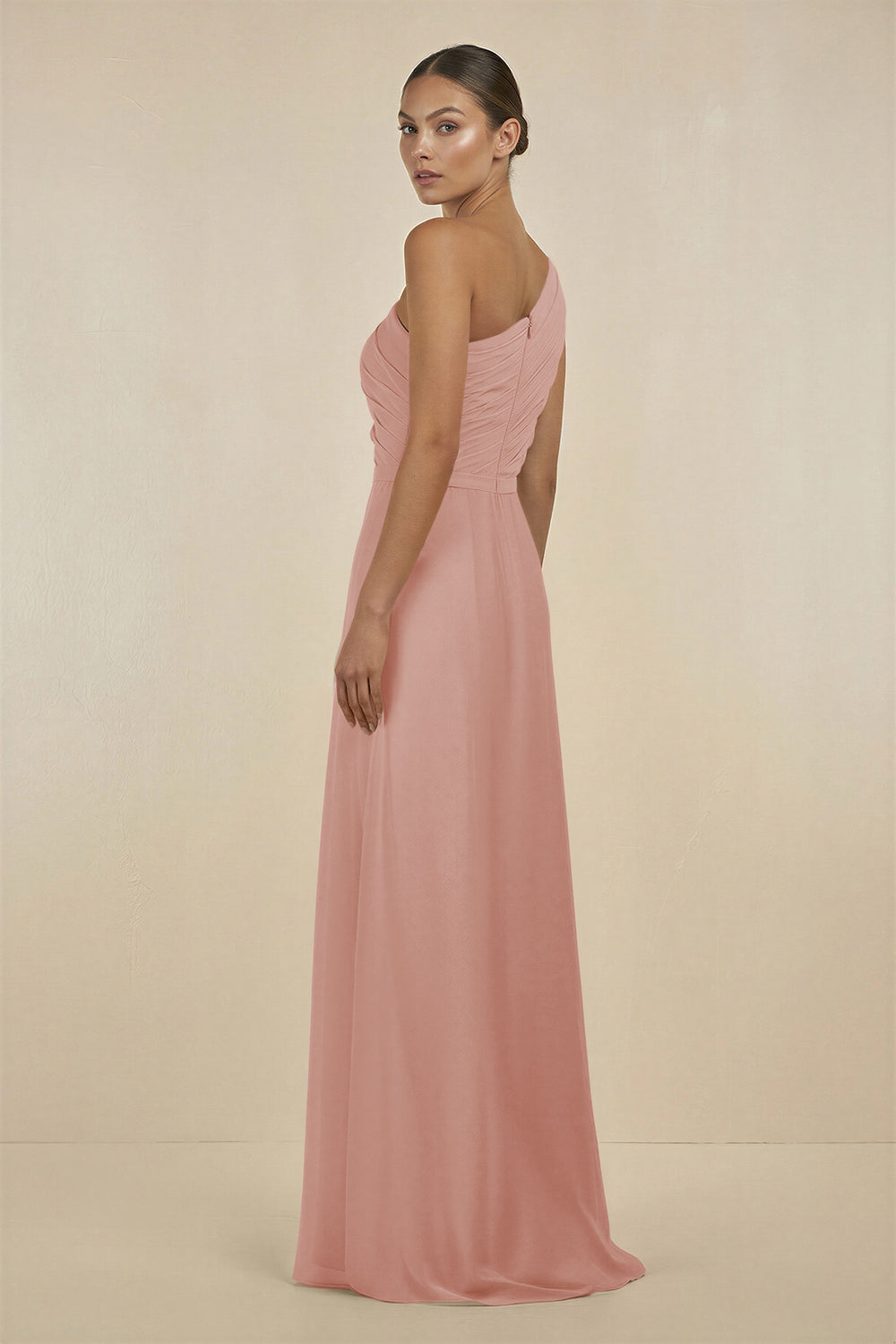 Ruffled One-Shoulder Pleated Sheath Bridesmaid Dress in English Rose