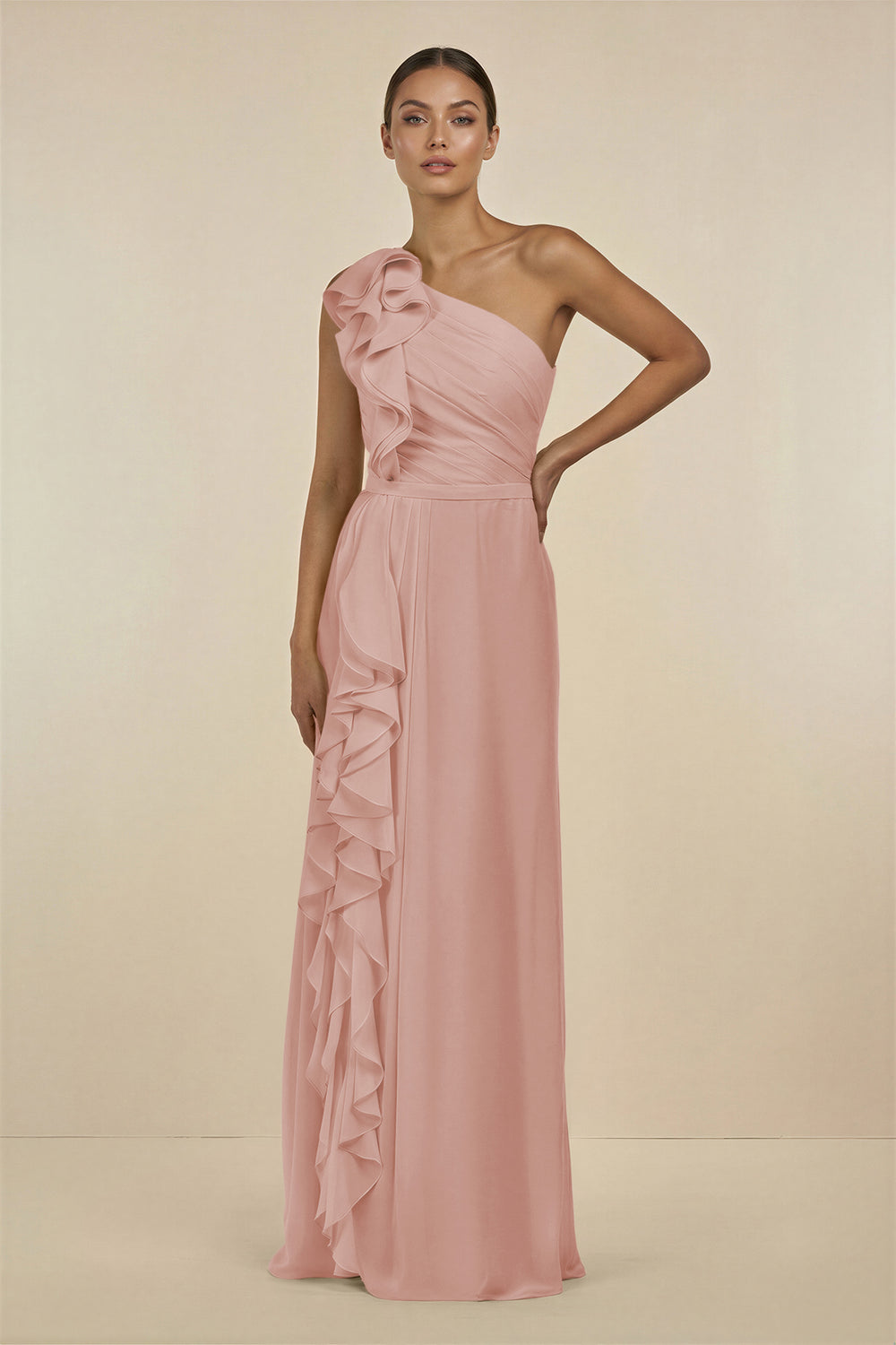 Ruffled One-Shoulder Pleated Sheath Bridesmaid Dress in English Rose