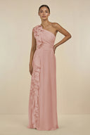 English Rose Ruffled One-Shoulder Pleated Sheath Bridesmaid Dress | KISSBRIDAL