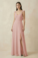 English Rose Ruffled Sleeve A-Line Chiffon Bridesmaid Dress | KISSBRIDAL