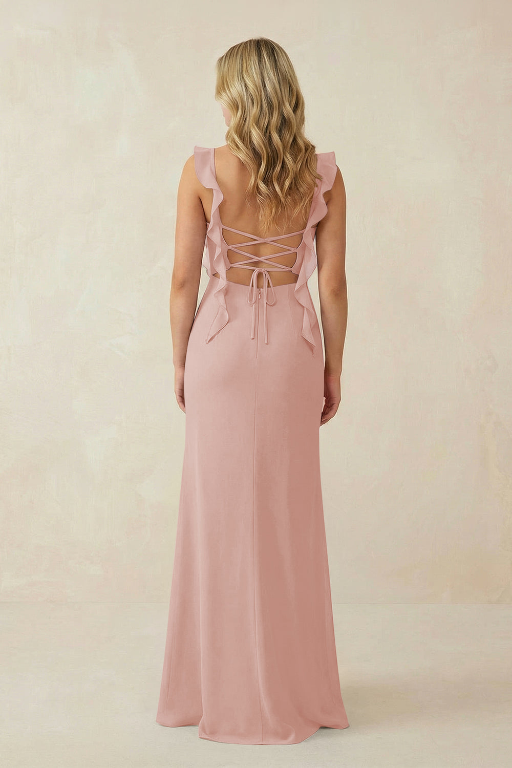 Ruffled Sleeve Ruched Sheath Chiffon Bridesmaid Dress in English Rose