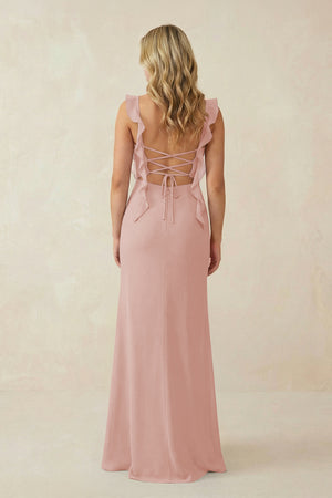 English Rose Ruffled Sleeve Ruched Sheath Chiffon Bridesmaid Dress (2) | KISSBRIDAL