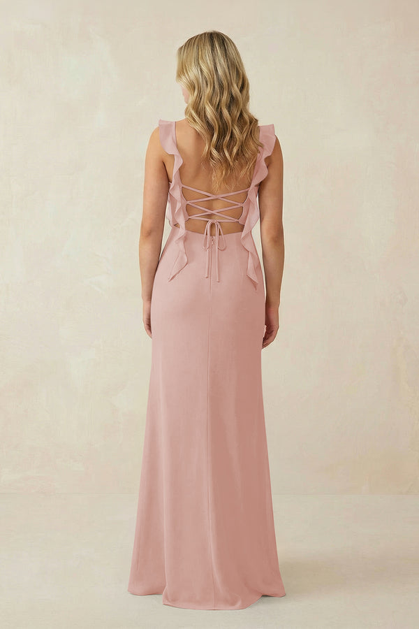 English Rose Ruffled Sleeve Ruched Sheath Chiffon Bridesmaid Dress (2) | KISSBRIDAL