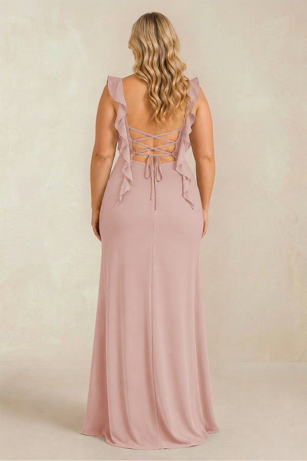 English Rose Ruffled Sleeve Ruched Sheath Chiffon Bridesmaid Dress (2) [sizeplus] | KISSBRIDAL