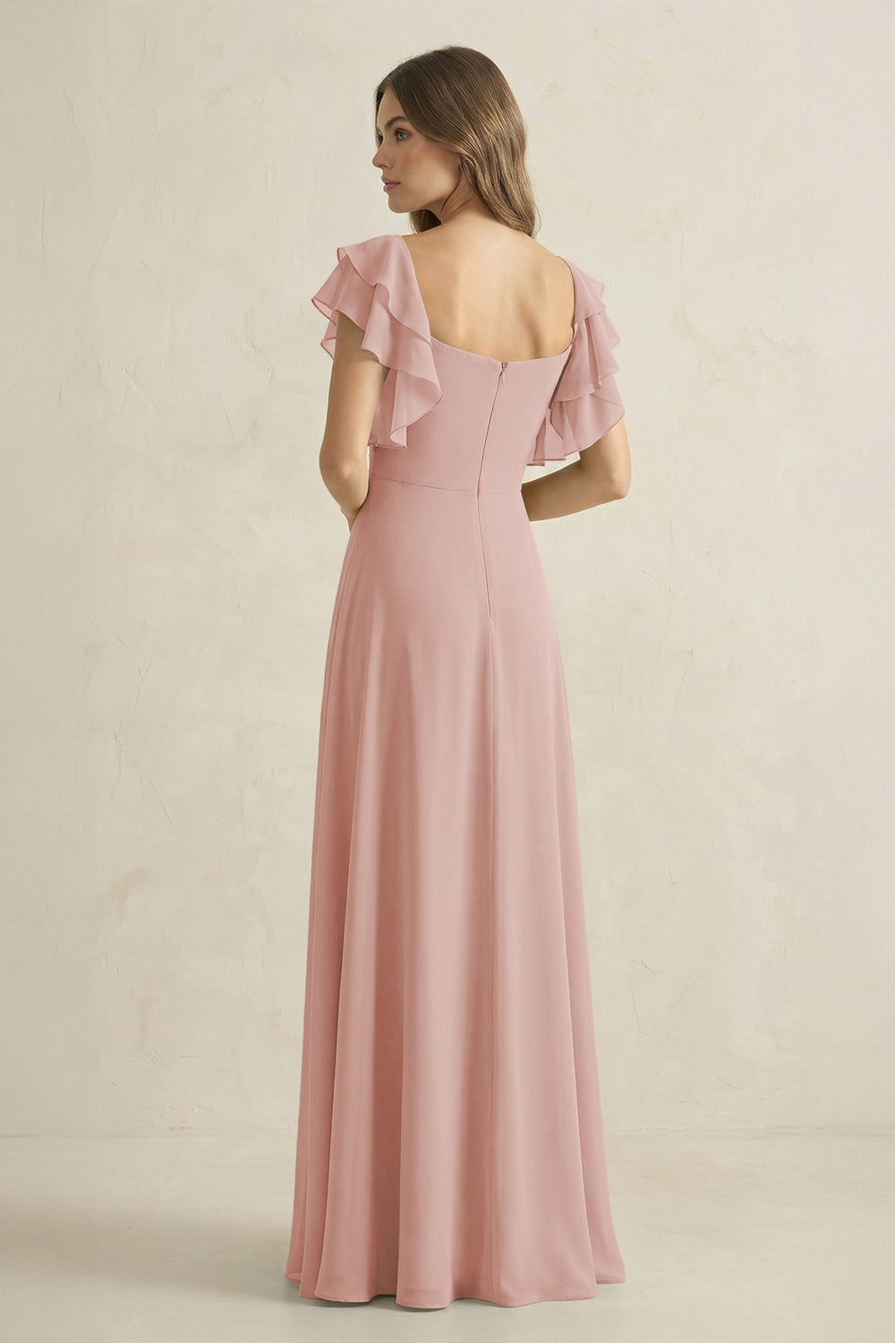 Ruffled Sleeves A-Line Chiffon Bridesmaid Dress in English Rose