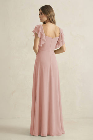English Rose Ruffled Sleeves A-Line Chiffon Bridesmaid Dress (2) | KISSBRIDAL