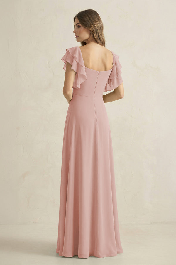English Rose Ruffled Sleeves A-Line Chiffon Bridesmaid Dress (2) | KISSBRIDAL