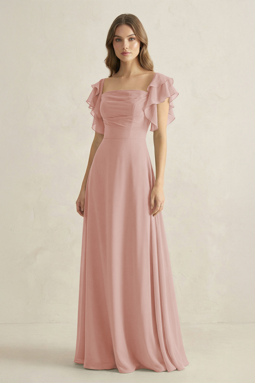 Ruffled Sleeves A-Line Chiffon Bridesmaid Dress in English Rose