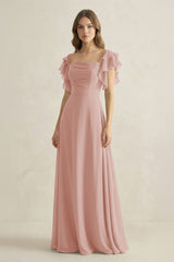 English Rose Ruffled Sleeves A-Line Chiffon Bridesmaid Dress | KISSBRIDAL