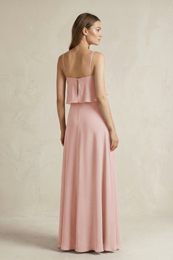 English Rose Ruffled Spaghetti Strap A-Line Chiffon Bridesmaid Dress in English Rose (2) | KISSBRIDAL
