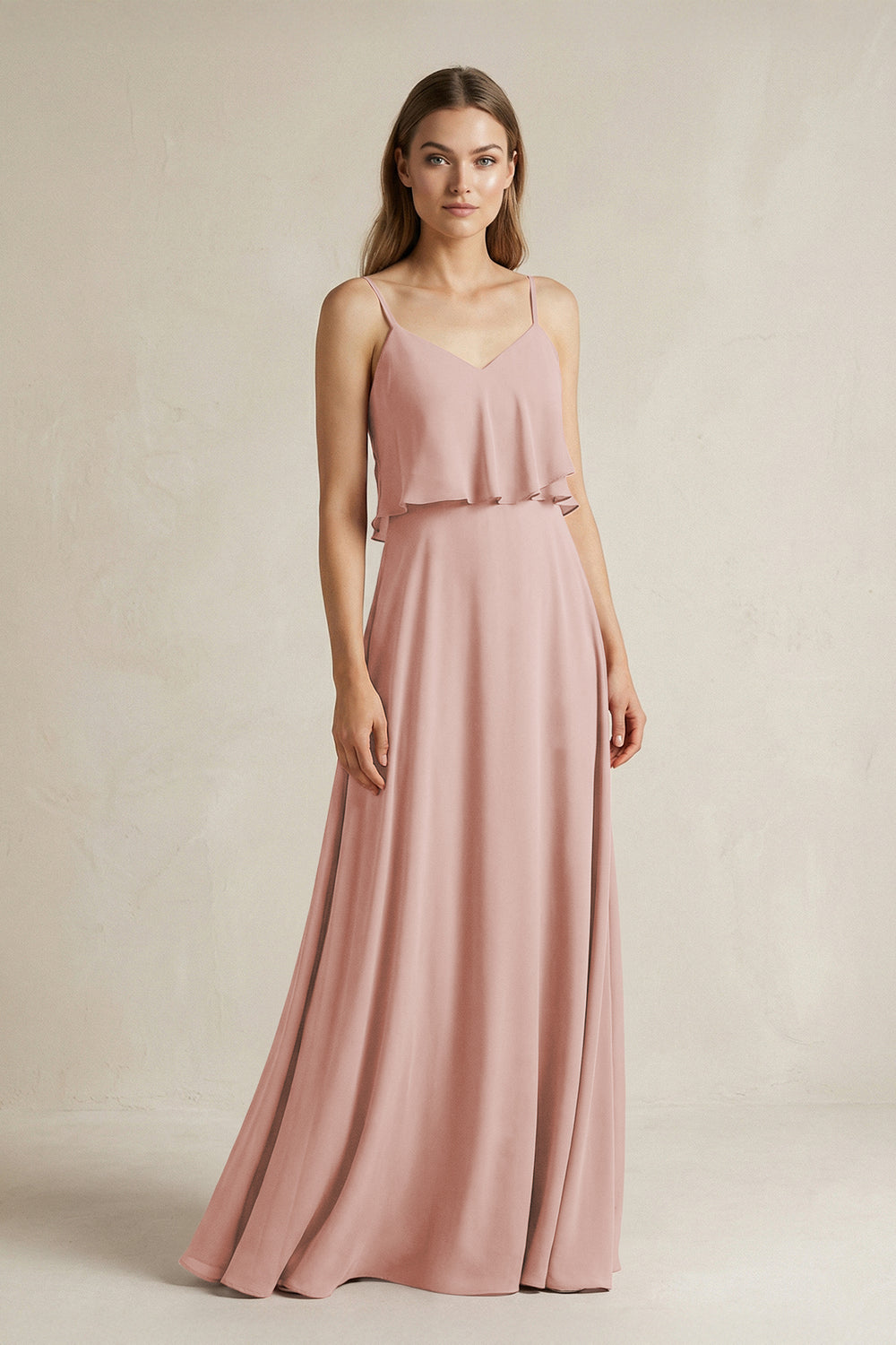 Ruffled Spaghetti Strap A-Line Chiffon Bridesmaid Dress in English Rose