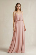 English Rose Ruffled Spaghetti Strap A-Line Chiffon Bridesmaid Dress in English Rose | KISSBRIDAL