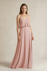 English Rose Ruffled Spaghetti Strap A-Line Chiffon Bridesmaid Dress in English Rose | KISSBRIDAL