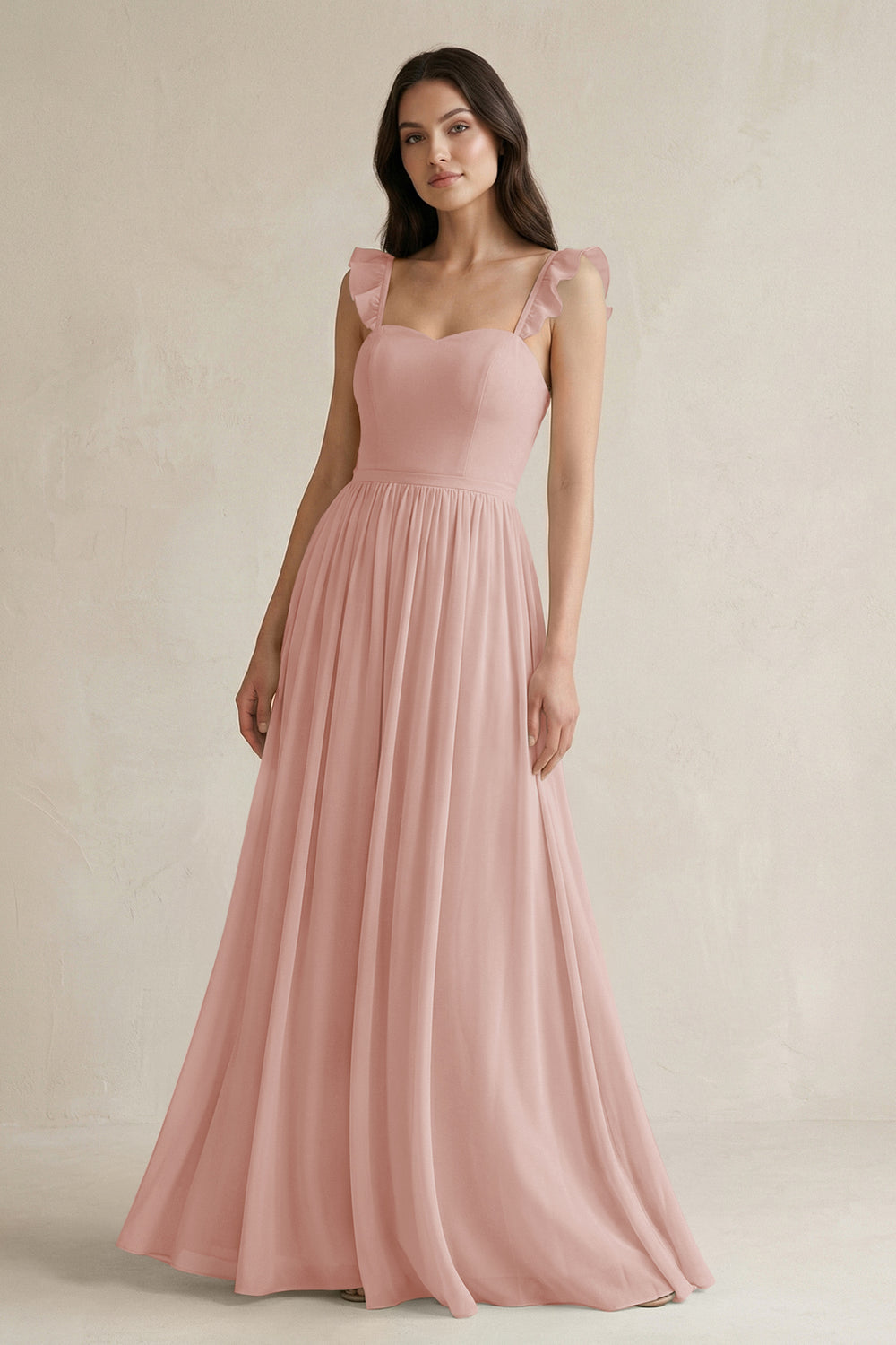 Ruffled Spaghetti Strap Chiffon A-Line Bridesmaid Dress in English Rose