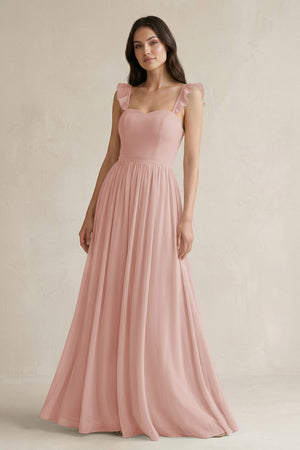 English Rose Ruffled Spaghetti Strap Chiffon A-Line Bridesmaid Dress | KISSBRIDAL