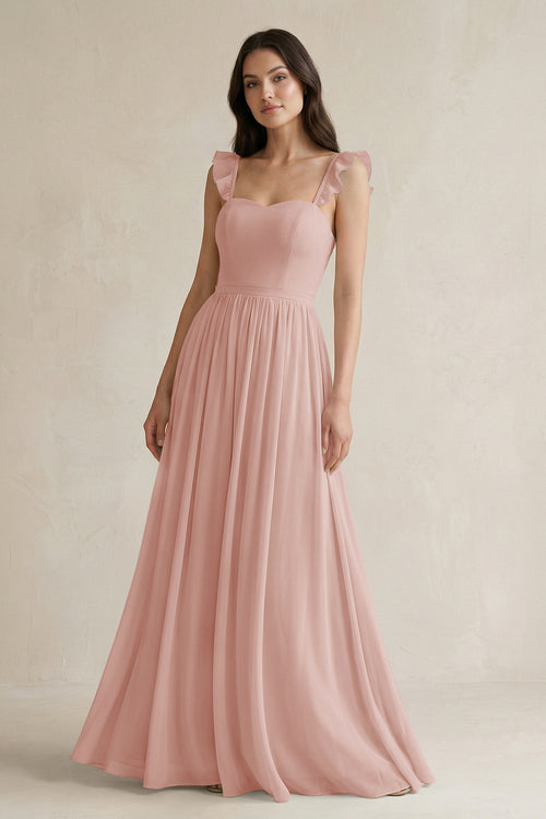 English Rose Ruffled Spaghetti Strap Chiffon A-Line Bridesmaid Dress | KISSBRIDAL