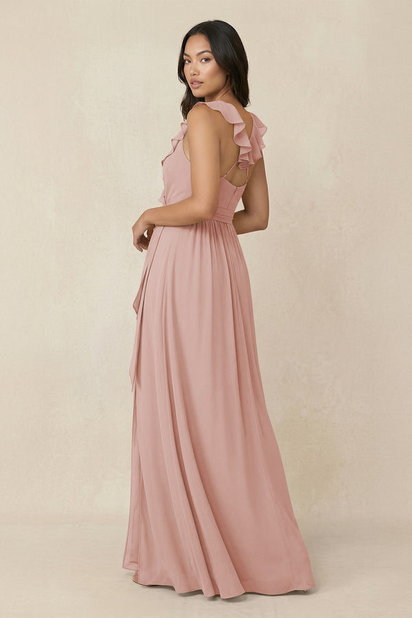 English Rose Ruffled V-Neck A-Line Chiffon Bridesmaid Dress (2) | KISSBRIDAL