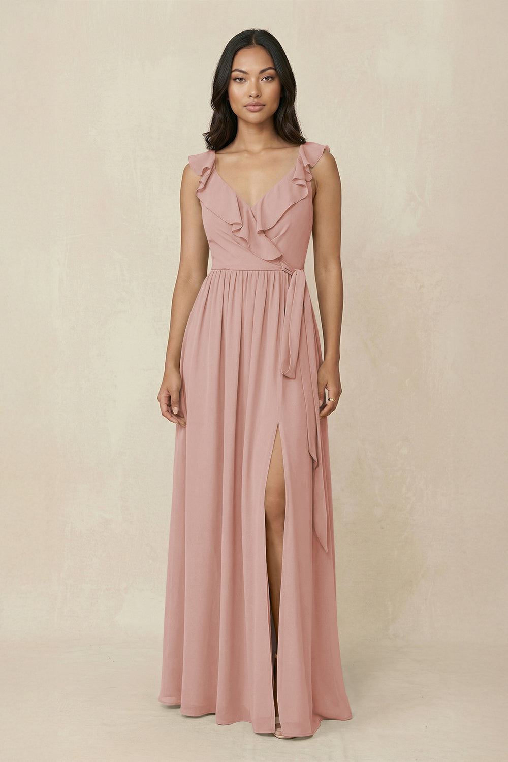 Ruffled V-Neck A-Line Chiffon Bridesmaid Dress in English Rose