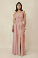 English Rose Ruffled V-Neck A-Line Chiffon Bridesmaid Dress | KISSBRIDAL