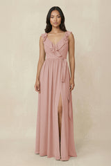 English Rose Ruffled V-Neck A-Line Chiffon Bridesmaid Dress | KISSBRIDAL