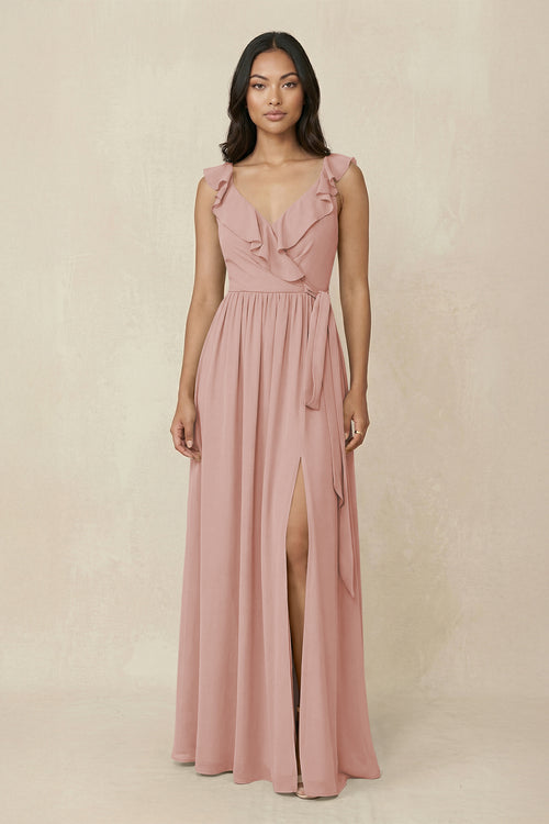 English Rose Ruffled V-Neck A-Line Chiffon Bridesmaid Dress | KISSBRIDAL