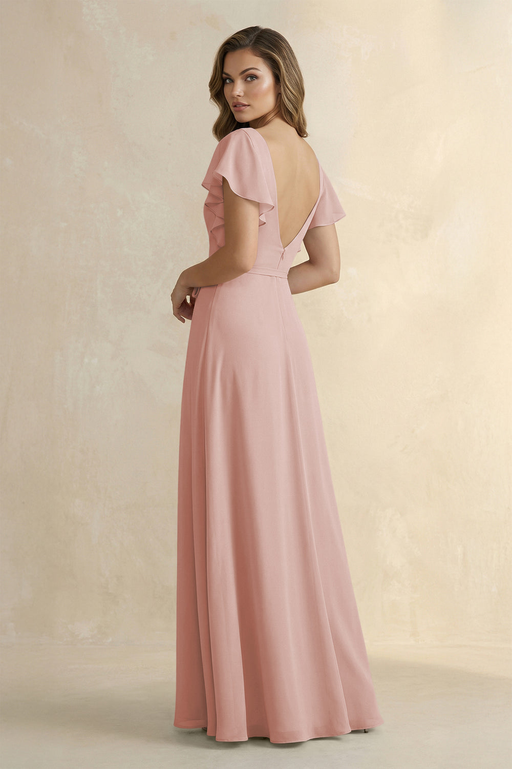 Ruffled V-Neck Chiffon A-Line Bridesmaid Dress in English Rose