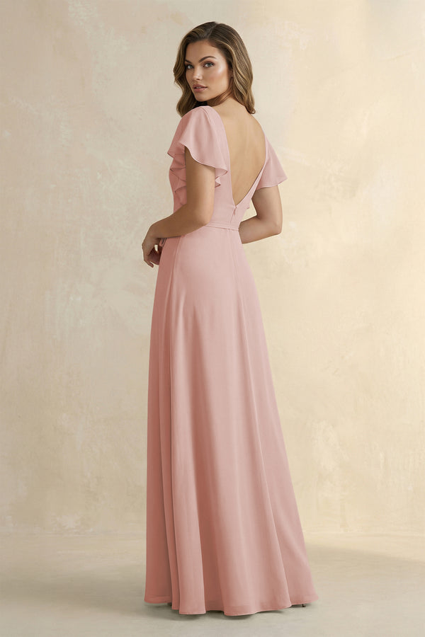English Rose Ruffled V-Neck Chiffon A-Line Bridesmaid Dress (2) | KISSBRIDAL