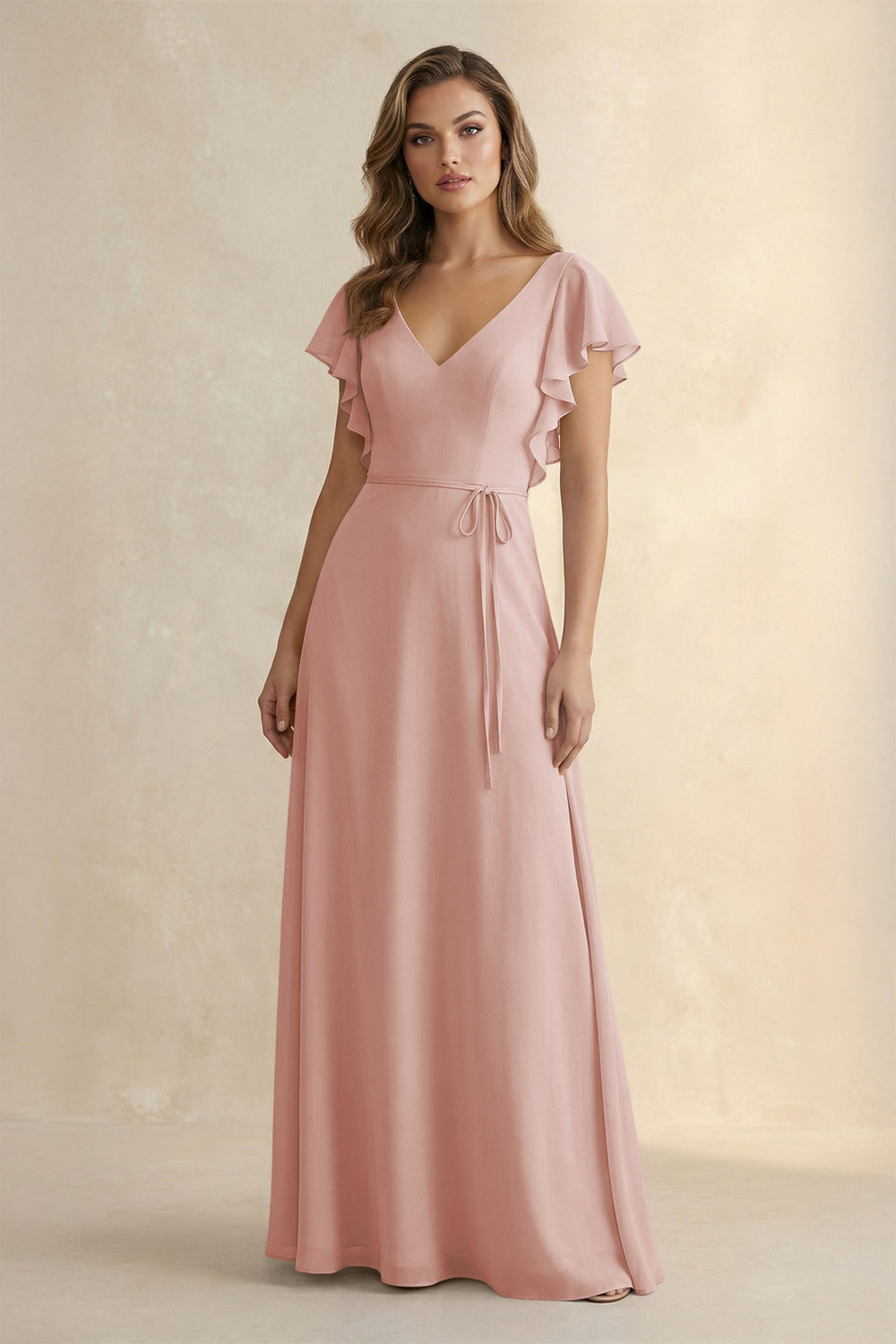 Ruffled V-Neck Chiffon A-Line Bridesmaid Dress in English Rose