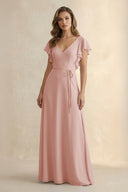 English Rose Ruffled V-Neck Chiffon A-Line Bridesmaid Dress | KISSBRIDAL