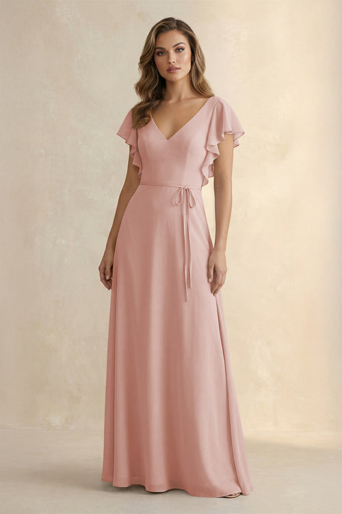 English Rose Ruffled V-Neck Chiffon A-Line Bridesmaid Dress | KISSBRIDAL