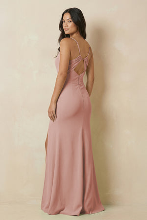 English Rose Sheath Cami Strap Chiffon Bridesmaid Dress with Slit (2) | KISSBRIDAL