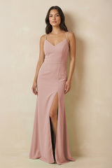 English Rose Sheath Cami Strap Chiffon Bridesmaid Dress with Slit | KISSBRIDAL