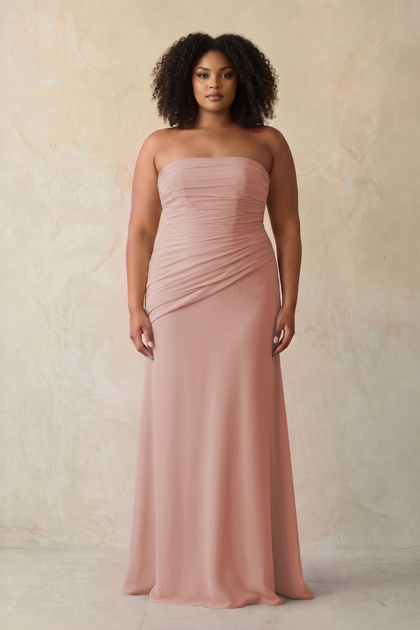 English Rose Sheath Chiffon Strapless Pleated Bridesmaid Dress (3) [sizeplus] | KISSBRIDAL