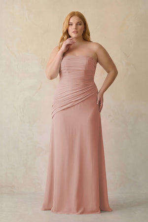 English Rose Sheath Chiffon Strapless Pleated Bridesmaid Dress [sizeplus] | KISSBRIDAL