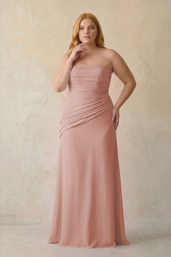 English Rose Sheath Chiffon Strapless Pleated Bridesmaid Dress [sizeplus] | KISSBRIDAL