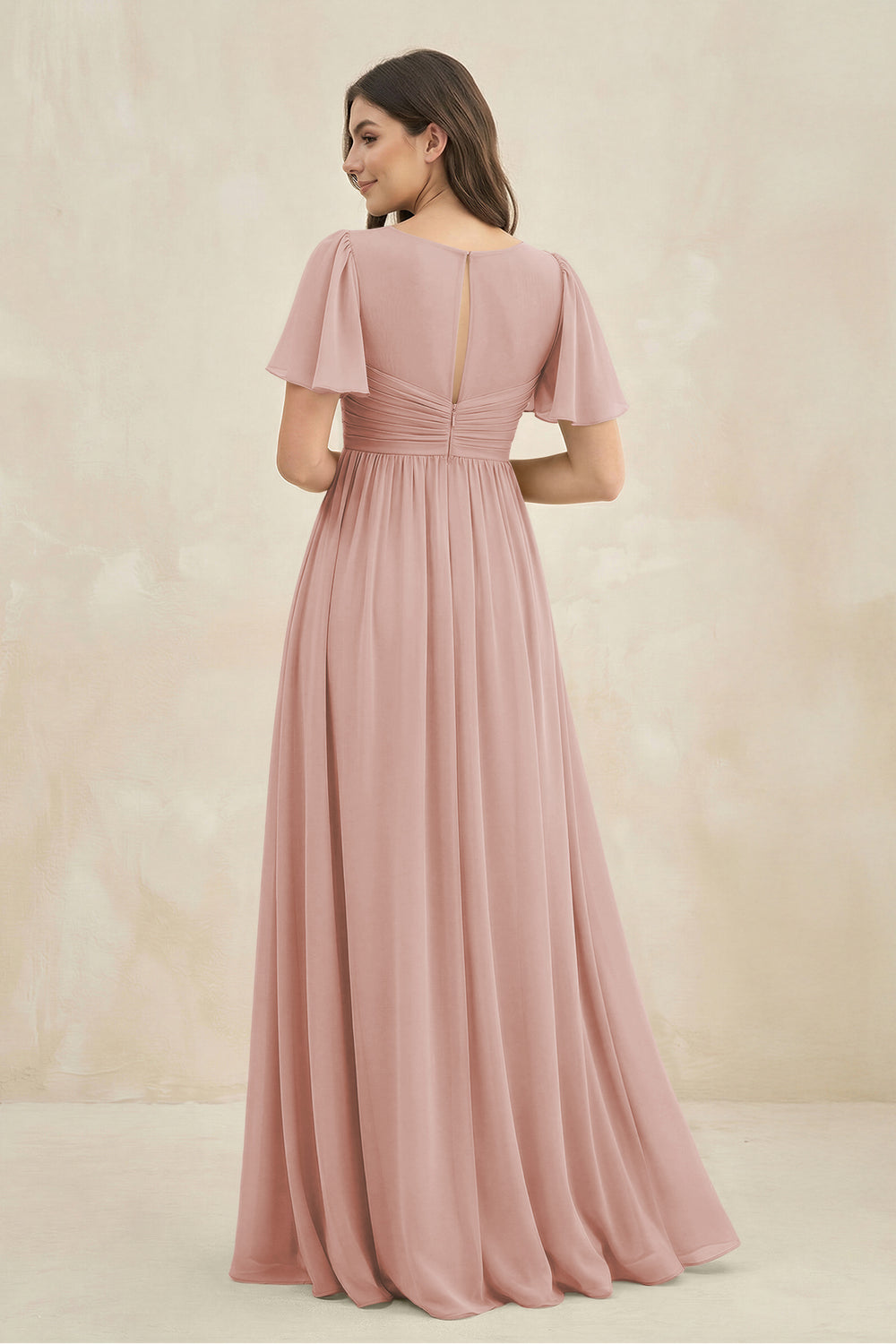 Short Sleeve Chiffon V-Neck A-Line Bridesmaid Dress in English Rose