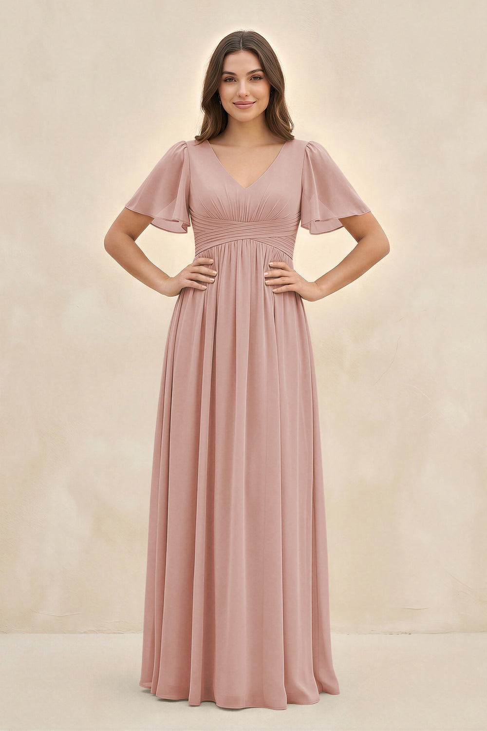 Short Sleeve Chiffon V-Neck A-Line Bridesmaid Dress in English Rose